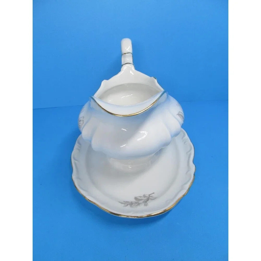 Hertel Jacob Damask Gravy Sauce Boat w/ Attached Underplate White w/Gold Trim